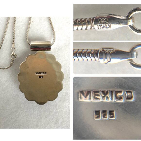 Sterling Silver 925 Mexico Large Oval Faux Turquoise Floral Pendant Necklace - Picture 9 of 16